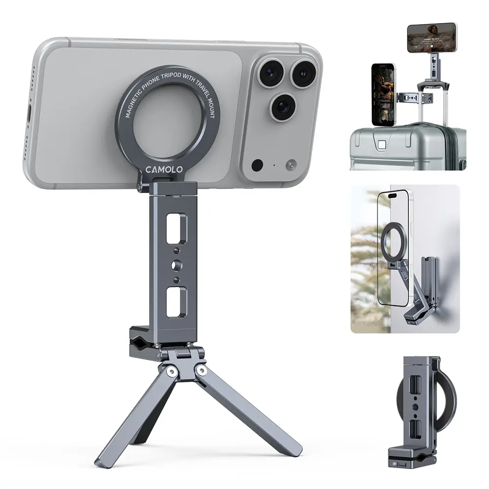 Magnetic Phone Tripod with Clip & 1/4" Screw - 360° Rotating Foldable Cell Phone Stand for MagSafe iPhone 17/16/15/14/13/12 Pro Max, Ideal for Vlog, Travel, Gym