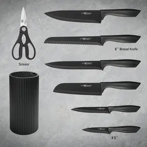 Knife Set, 8-Piece Kitchen Knife Set for Chef, Sharp Knife Set with Universal Knife Block, Anti-Rust Kitchen Knife Block Set, Ergonomical Design (Black)