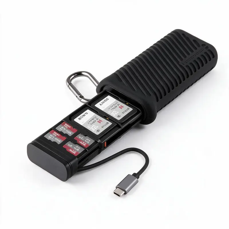 PGYTECH CreateMate High-Speed Type-C USB 3.1 Media & Memory Card Reader with ABS-Aluminum Alloy Case, Logo Sticker, Carabiner, Eject Pin, Silica Gel Buffer - OTG Compatible for Action Cameras/Android, Linux Support, Reads UHS-II, SDXC, SD, MicroSD Cards