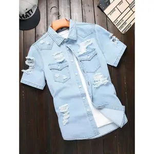 Homme Men's Casual Washed Distressed Denim Short Sleeve Shirt Men Jean Shirt