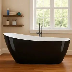 Garvee 59" Freestanding Bathtub Acrylic Oval Soaking Tub, Chrome Drain and Overflow Cover, Contemporary Stand Alone Bath for Family or Guest Use (Black & Gloss White Finish)
