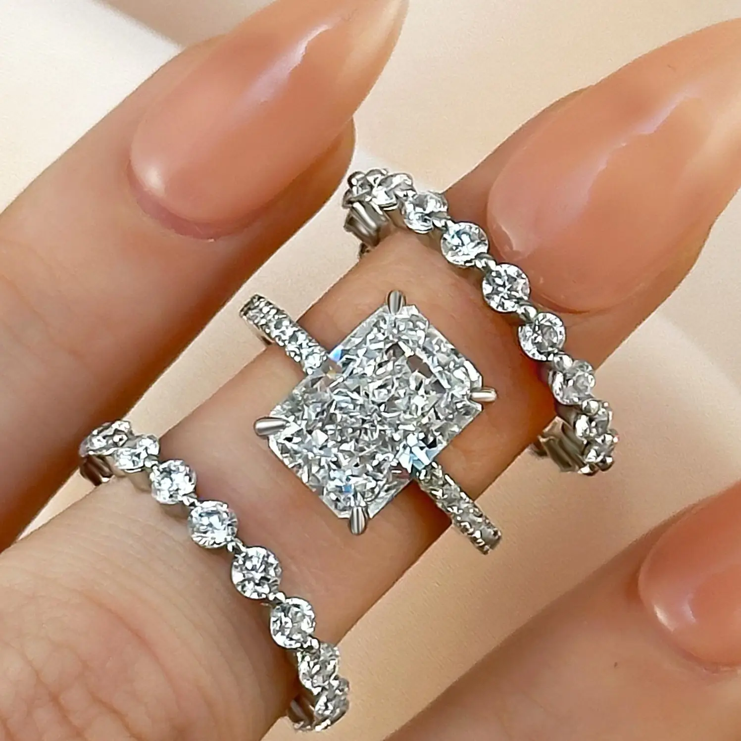 Effinny Jewelry 4.0ct Radiant Cut 3PC Wedding Ring Set, S925 Sterling Silver Promise Ring, 5A Cubic Zirconia Bridal Rings for Women