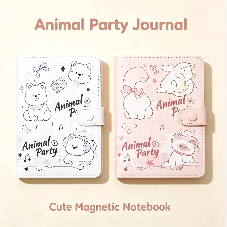 Cute Animal Party Magnetic Notebook, Dog & Cat Pattern PU Leather Journal, 96 Colorful Pages Diary Planner Portable Stationery Gift for Girls Students