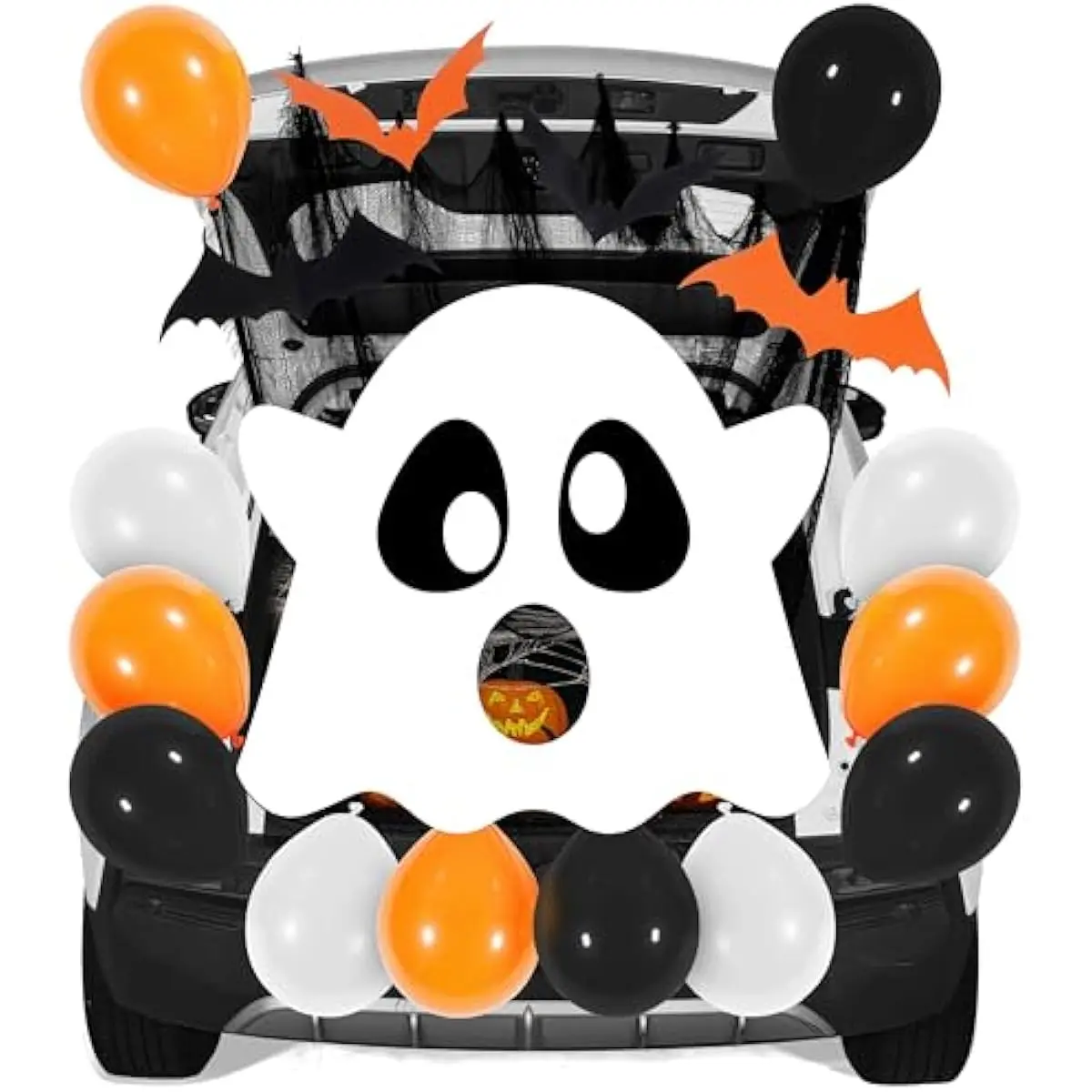 Halloween Trunk Or Treat Car Decorations Kit for SUV Outdoor White Ghost Decor, Haunted House Archway Sticker with Balloons for Car Garage Door Entryway
