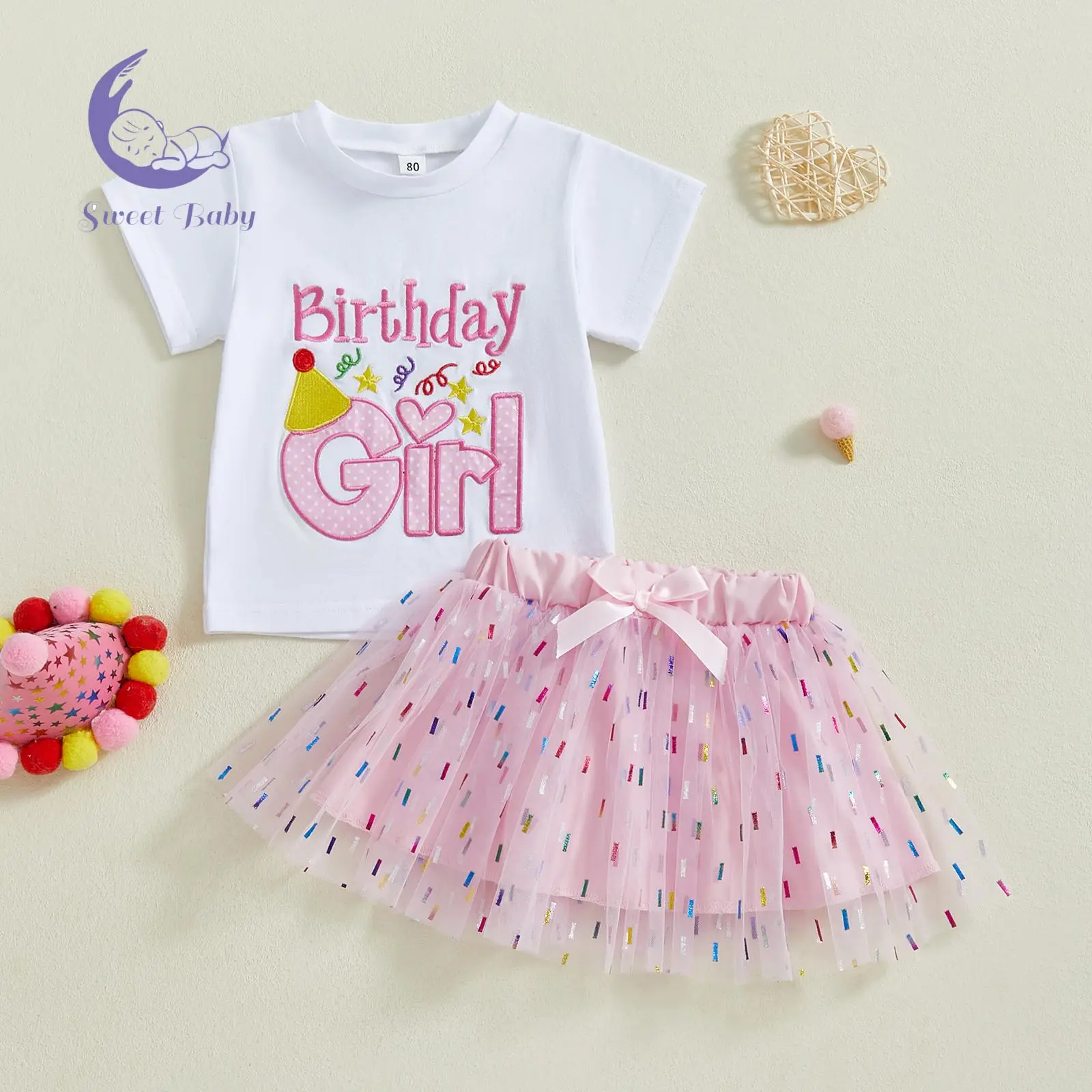 Baby Toddler Girl Toddler Style 2-Piece Birthday Outfit, Letter Embroidery Short Sleeve T-Shirt, Glitter Tulle Skirt