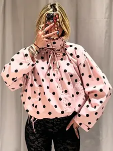 Cute Pink Polka Dot Cropped Jackets Women's Bomber Jacket Spring Autumn 2026 Oversized Drawstring High Neck Collared Button-Up Long Sleeve Tops New Arrival Casual Aviator Outerwears