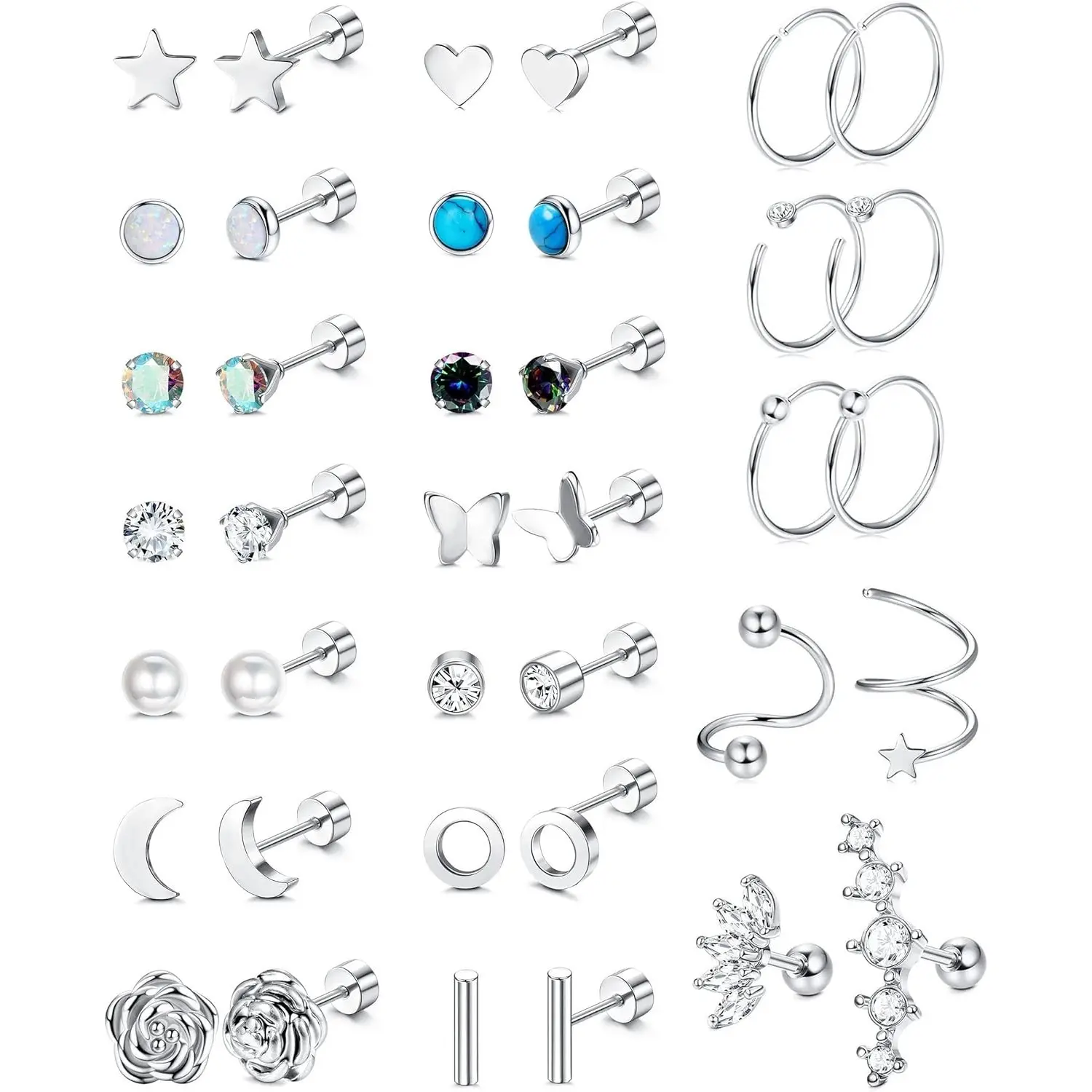 YADOCA 19Pairs Hypoallergenic Surgical Steel Earrings For Women Men Flat Back Earrings Cartilage Earrings Stud Hoops Small CZ Heart Star Moon Opal Butterfly Helix Tragus Daith Flatback Earrings Piercing Jewelry 20G Flatbackearrings