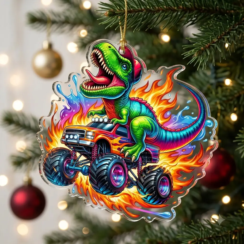 Dinosaur Truck Acrylic Ornament, T Rex Riding Monster Truck Ornament, Colorful Toy Truck Christmas Tree Decor, Funny Dinosaur Toy Hanging Ornament, Kids Room Decoration, Dino Lover Gift, Fun Holiday Keepsake