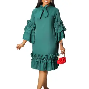 D3268 Elegant Teal Green Tie-Neck Dress - Ruffled Bell Sleeve A-Line Midi Dress with Pearl Embellishment, Work Brunch Party Casual Formal Wear Womenswear Elegance