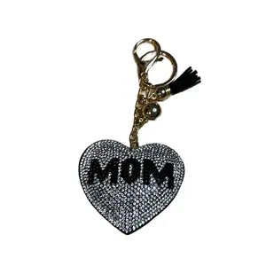 Mom Heart Bag Charm or Keychain with Sparkling Rhinestones and Tassel Accents for Women