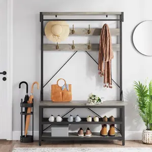 72" Hall Tree with Storage Bench - 4-in-1 Coat Rack & Shoe Organizer - Industrial Shelving with 8 Hooks for Entryway, Hallway, Bedroom (Gray)