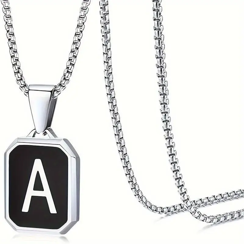 Unisex Initial Necklace A-Z, Square Capital Letter Charms in Black and Silver, Made of Stainless Steel, 24 Inch Chain, Ideal as a Gift or Jewelry Piece Unisex Initial Necklace A-Z, Square Capital Letter Charms in Black and Silver, Made of Stainless Steel, 24 Inch Chain, Ideal as a Gift or Jewelry Piece