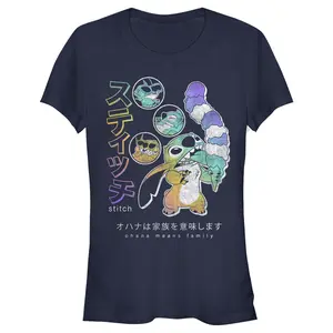 Juniors Womens Lilo & Stitch Ohana Means Family Rainbow Distressed T-Shirt