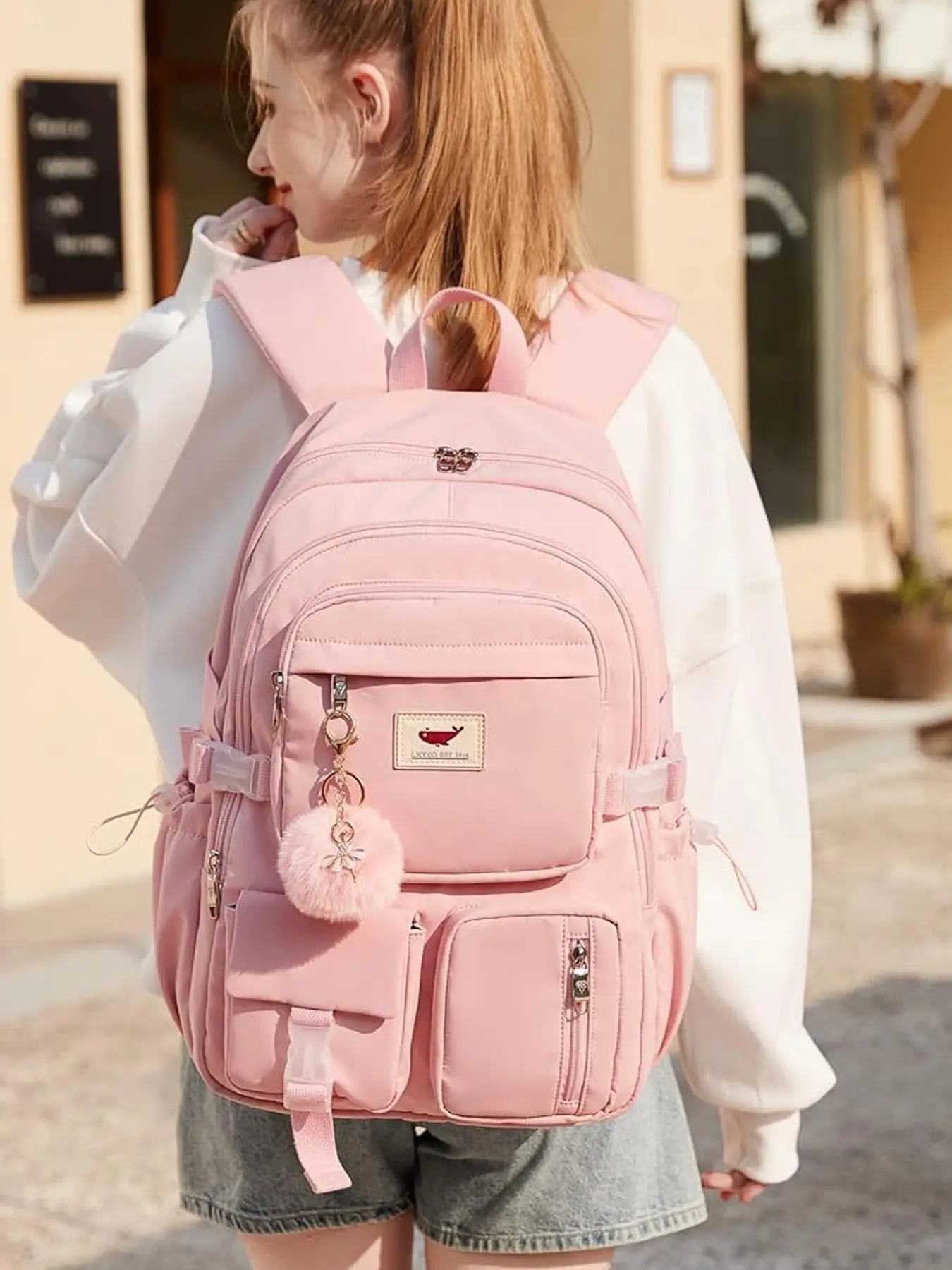 Women's Fashion Drawstring Backpack, with Pom Pom Charm, Casual Solid Color Waterproof Backpack for Daily Used, Trendy Versatile High-quality Daily Commuting Bag
