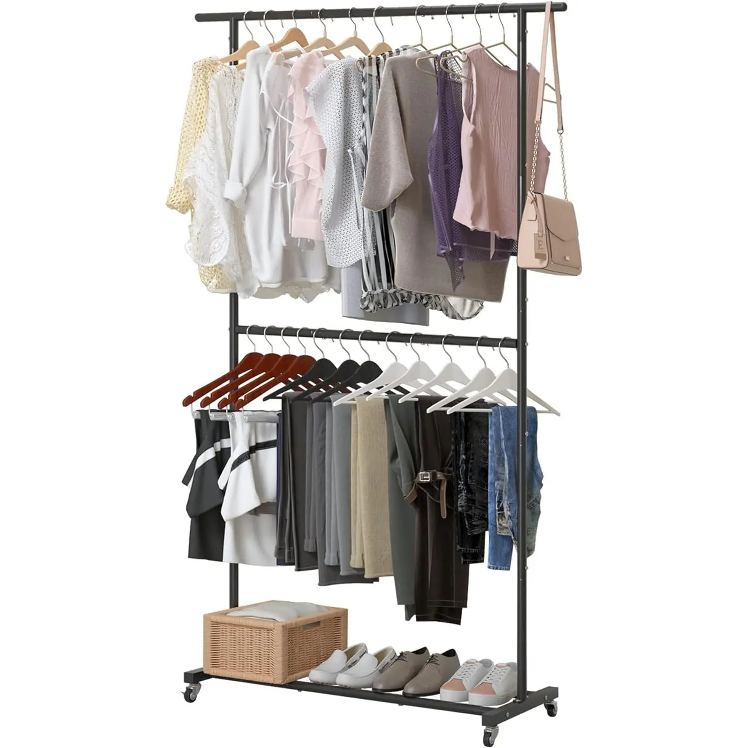 Black Double Rod Freestanding Space-Saving Clothing Garment Rack - Rolling Home Supplies Clothes Organizer on Wheels, Easy to Assemble, Adjustable for Hanging Clothes