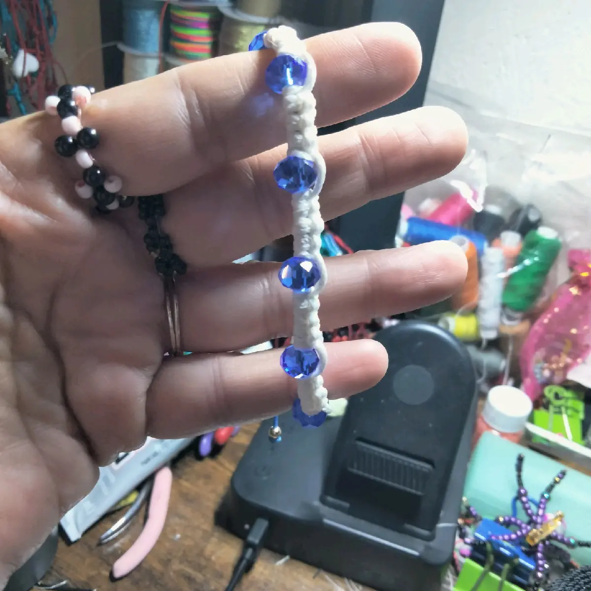 Braceletes Female Daily with Blue Murano Bead and White Korean Cord