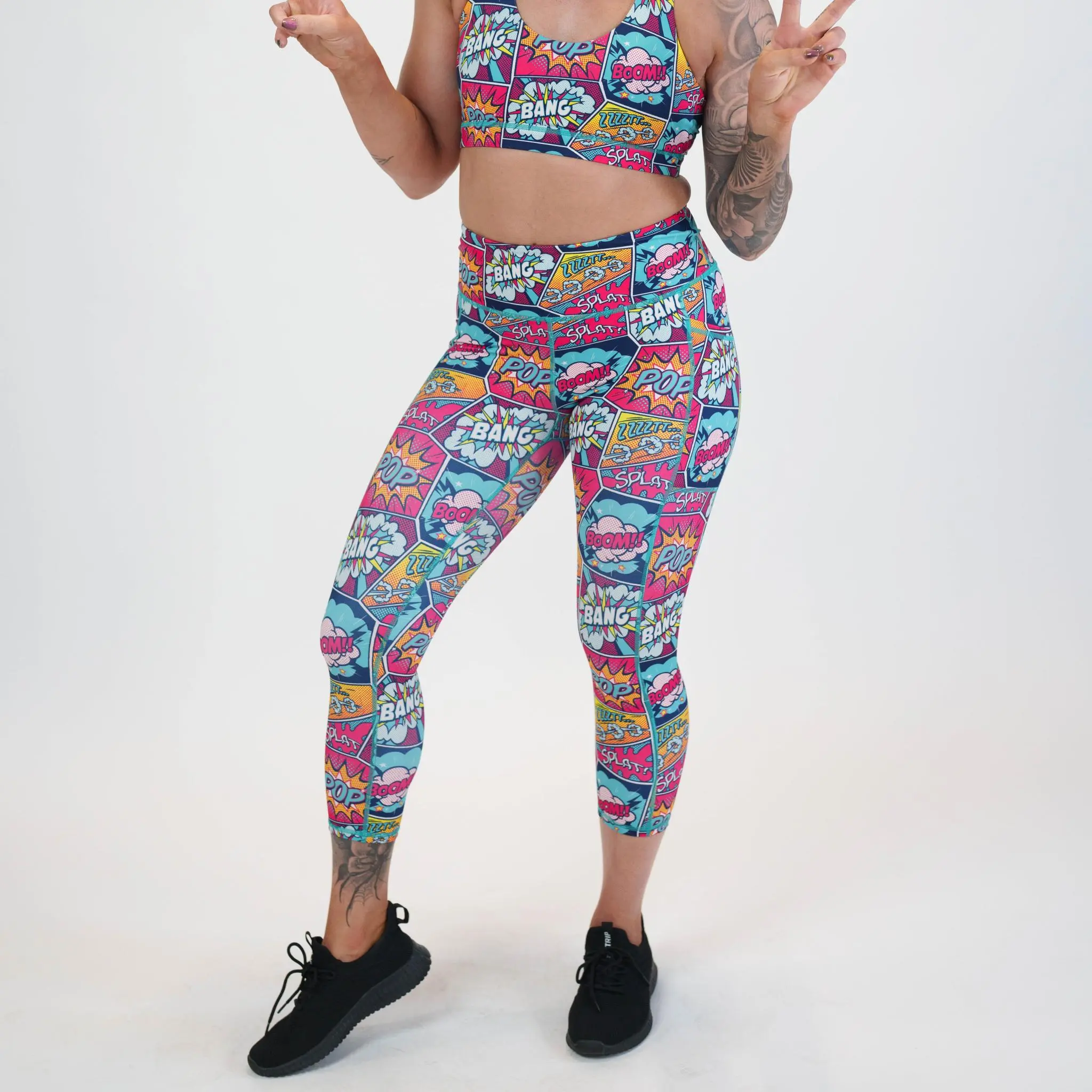 CVG Knockout Women's Comic Style Compression Leggings - High Waist, Squat Proof, Pockets, Traditional Design Bottoms for Fitness & Workout, Capri-Length, Capri-Length Leggings