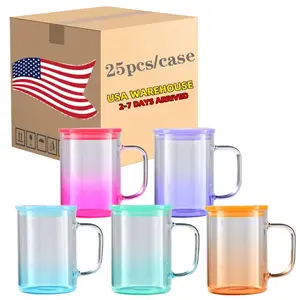 25Pack USA Warehouse Colorful 15oz Ombre Jelly Glass Mugs With Handle Blank Sublimation Clear Transparent High Borosilicate Colored Glass Camper Coffee Mugs With Colored Plastic PP Lids And Straws Colored Ombre Jelly 15oz Glass Cups With PP Straw