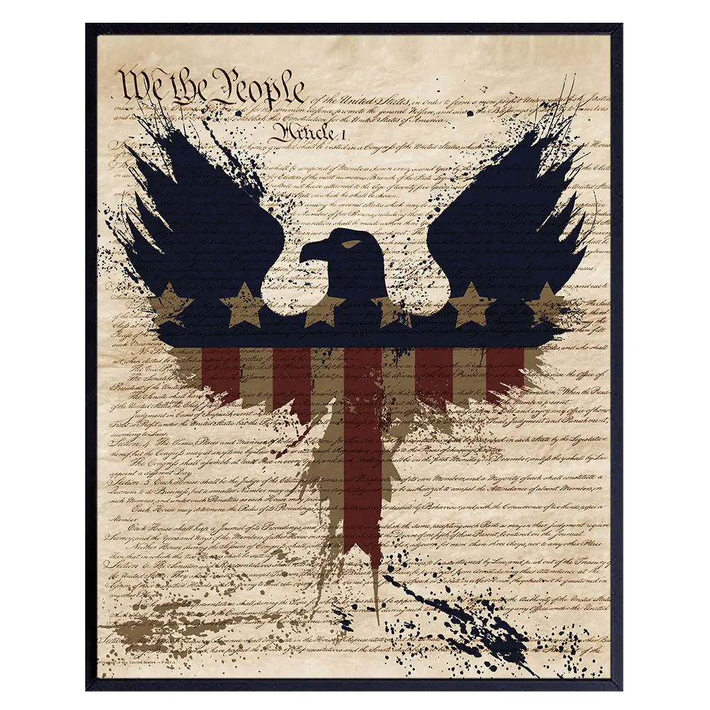 Patriotic Americana Wall Art 11x14 - Vintage American Flag Poster for Home Office Decor - Military Veteran Gift - United States Armed forces, US Constitution Decorations - 4th of July Decoration