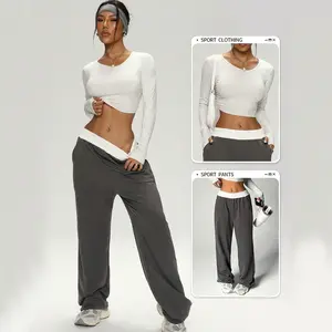 Casual waist tight short long-sleeved trousers wide-leg yoga clothes women's fitness sports two-piece set