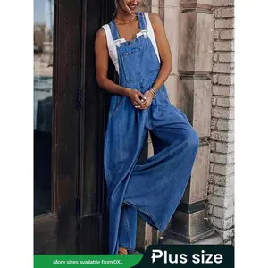 ??Plus Size?? Solid Color Denim-effect Print Overalls, Fashion Sleeveless Pocket Overalls for Daily Outdoor Wear, Women's Plus Clothing for All Seasons, Baggy Dungarees, Womenswear, Casual Comfy Jumpsuit, Lady Casual Jumpsuits（gift）
