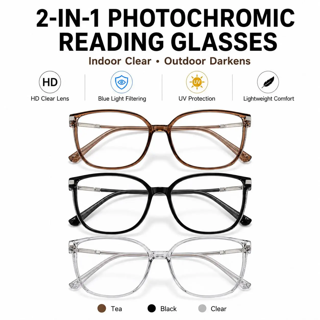 2-in-1 Photochromic Reading Glasses for Men & Women, Indoor Clear Outdoor Darkening Readers, Blue Light Filtering HD Lenses, UV Protection Lightweight Square Eyewear