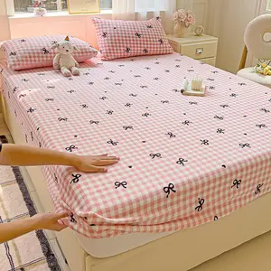 Bow & Heart & Plaid Print Bedding Set, 3pcs/set Fitted Sheet & Pillowcase without Filler, Soft Comfortable Bedding Set for Home Bedroom, Bed Sheets Set