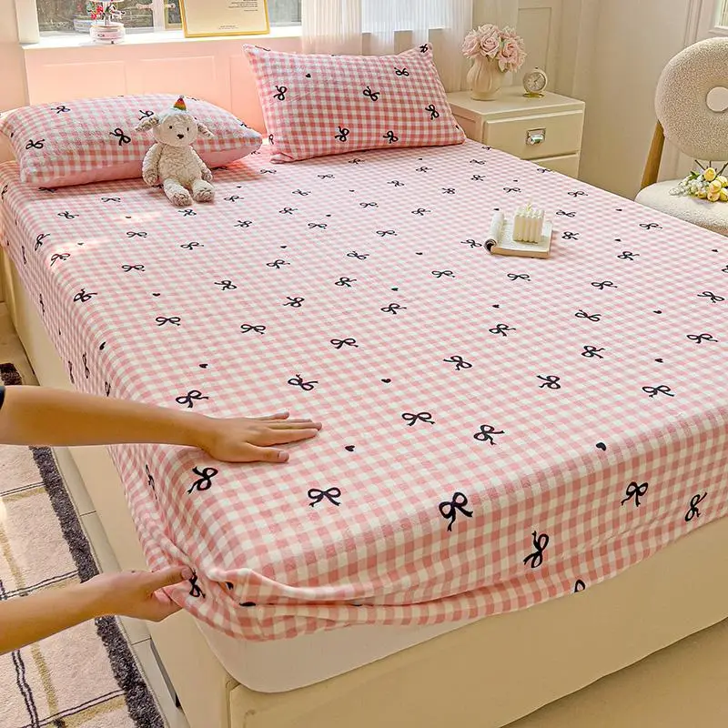 Bow & Heart & Plaid Print Bedding Set, 3pcs/set Fitted Sheet & Pillowcase without Filler, Soft Comfortable Bedding Set for Home Bedroom