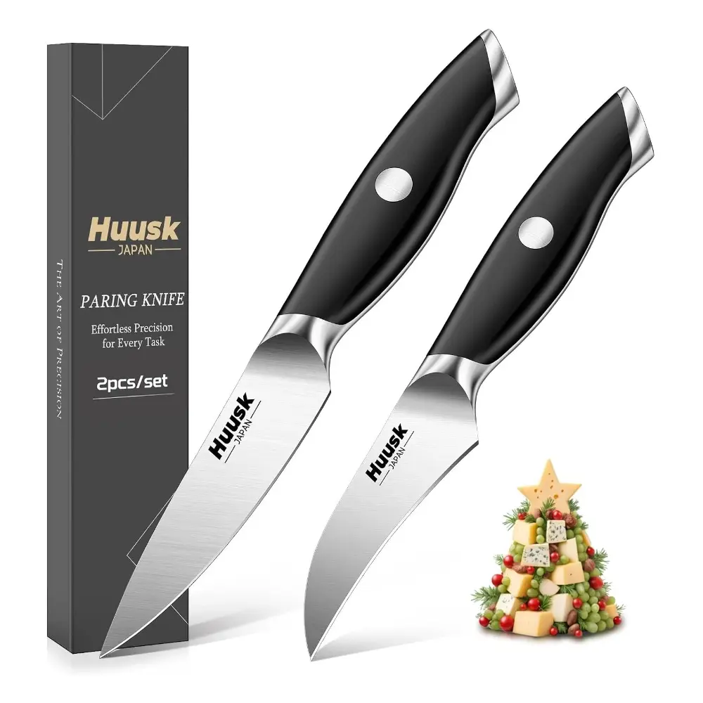 Huusk Paring Knife Set, 2PCS Curved & Straight Sharp Peeling Knives with Black Ergonomic Handle, Premium Stainless Steel Fruit Vegetable Small Kitchen Knife