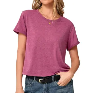 Women's Short Sleeve Lightweight Fabric   T Shirts Summer Crewneck Crop Tops Solid Basic Tees