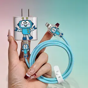 5pcs Cute Cartoon Blue Robot iPhone 16 15 14 13 12 11 Pro Max Charger Cable Protector Set, Compatible with Apple 20W/18W Charger and Phone Cable, Anti-Break, Anti-Wear, Gift for Boyfriend/Girlfriend, Cable Organizer, Playful Design, Antibreak Cover