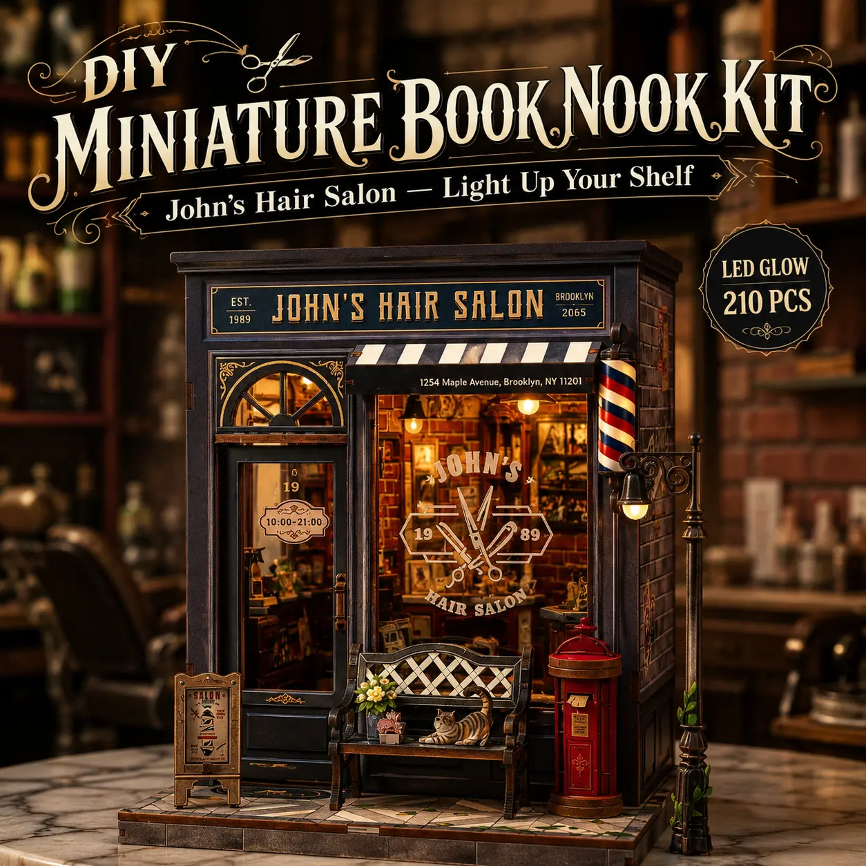 CUTEBEE John's Hair Salon DIY Book Nook Miniature, 3D Wooden Puzzle Dollhouse DIY Assembly Kit & Building Model with LED Light, Dust Cover, Bookshelf Insert, Adult House Decoration & Unique Gift Idea, Diy Building Model