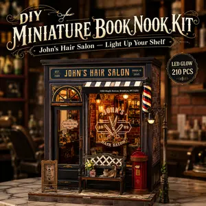 CUTEBEE John's Hair Salon DIY Book Nook Kit with Dust Cover, 3D Wooden Miniature Dollhouse Kit with LED Light, Bookshelf Insert Decor, Creative Craft Gift for Adults