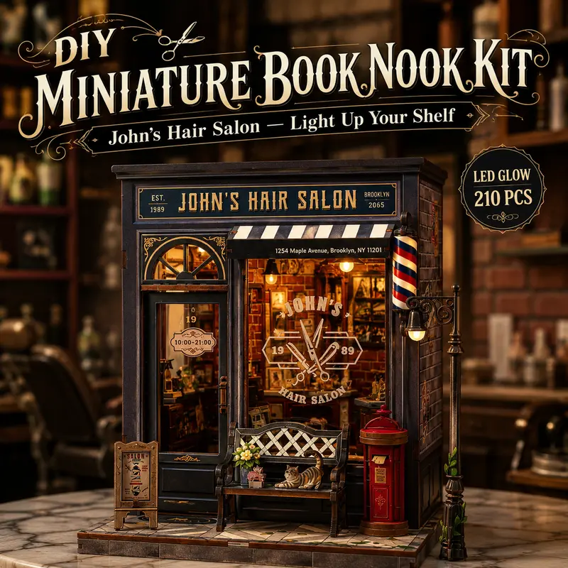 CUTEBEE John's Hair Salon 3D Wooden Puzzle Dollhouse DIY Assembly Kit - Building & Construction Set with LED Light, Dust Cover, Bookshelf Insert, Wooden Parts, Adult Decoration Unique Gift Idea