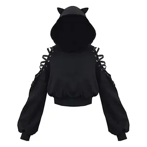 Womens Cat Ear Hoodie Sweatshirt Long Sleeve Sweater Off Shoulder Cat Cute Crop Top Hoodies Pullover