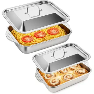 2 PCS Stainless Steel Lasagna Pans with Lid– M(16.14x9.5x3.1") 7.8QT & S(14.6x8.7x2.76") 6QT,Nonstick Deep Roasting Dish, Oven & Dishwasher, Perfect for Turkey, Chicken, Vegetables and Baking