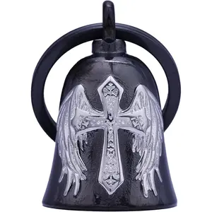 Stainless Steel Lucky Peace Hanging Decor, Motorcycle Bells for Men, Multi-Use Bicycle Bells, Motorcycle Accessories (Cross Black Silver, Winged Cross-Black Silver) tiktokshopspringglowup