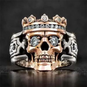 Bohemian Motorcycle Rider Retro Two-color Crown Skull Ring Punk Minimalist Niche Men's White Crystal Rose Skull Eye Ring Bold Skull Diamond Titanium Steel Ring Punk Skeleton Ghost Face Ring Rhinestone Ring