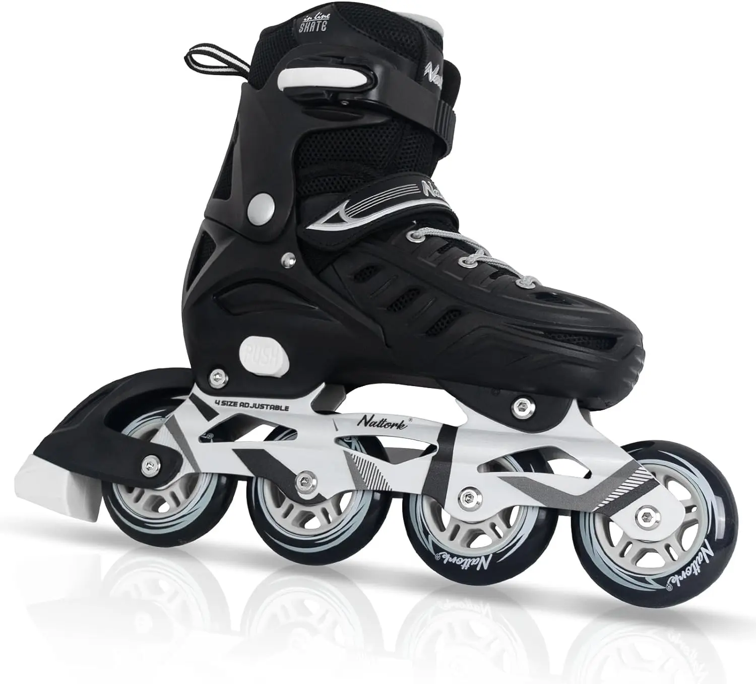 Nattork Model 786 Adjustable Rollerblades for Kids & Adults, Black Inline Skating Gear with Mesh Design, PU Buckle Closure, ABEC-7 Bearings, Ankle Protection, and Durable Skate Wheels