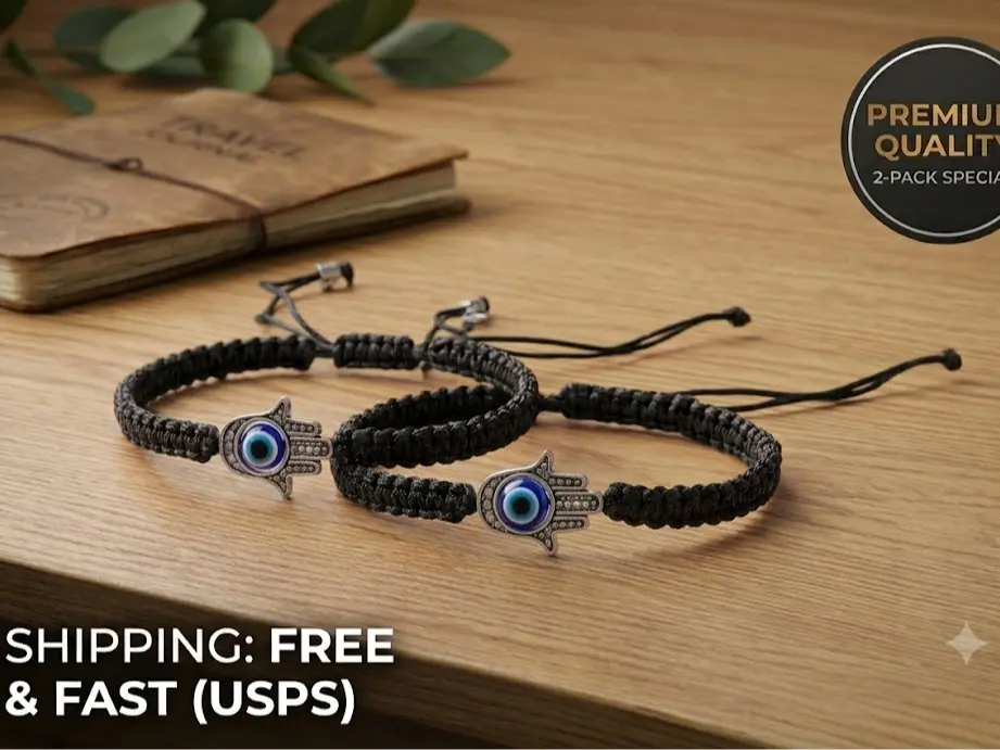 2 PACK Bracelet Evil Eye Protection Good Luck Adjustable Hamsa Turkish Black Color