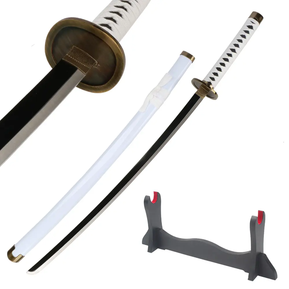 41-in Real Roronoa Zoro Cosplay Wado Ichimonji Sword with Wooden Holder Stand, Unisex Fencing Prop for Anime Fans, Halloween Decoration, Gift for Birthdays Christmas Collections, 41 Inches Long, Plastic, Cosplay Props