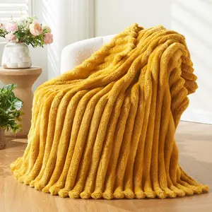 Super Throw Mustard Yellow Premium Silky Flannel 3D Ribbed Jacquard Lightweight Use (Mustard Yellow Ribbed, Throw(50"x60"))