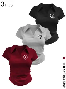Women's 2026 3 Pcs Heart & Paw Print Polo Collar Top Set – Trendy Coquette Y2K Slim Fit Short Sleeve Tees, Shirts, Viral TikTok Fashion for Streetwear & Casual Outfits, V-Neck, Preppy Style Tops for Teens & 20s, Aesthetic Outfits for Summer
