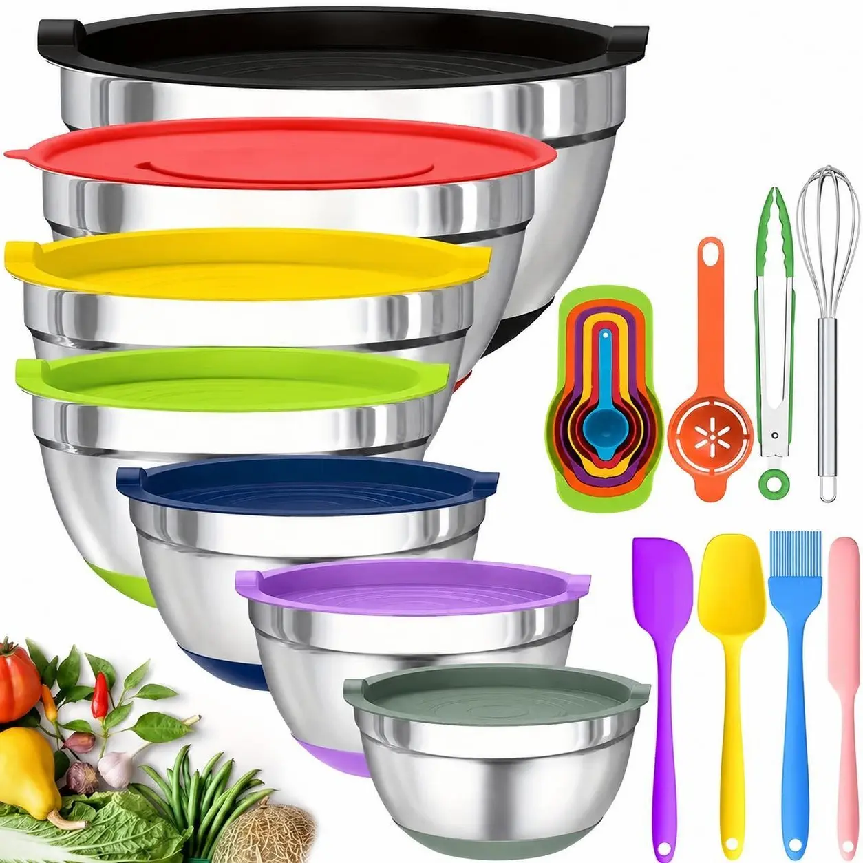 【Independence Day Special】7-Piece Stainless Steel Airtight Silicone Non-Slip Serving Salad Bowl & Tableware Set by DealsforYouDays - Suitable for Family Gatherings, Halloween Parties - Ideal for Gifts, Daily Prizes, SummerWins