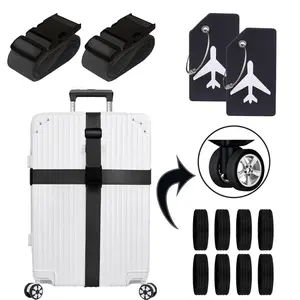 Luggage Accessory Set 8 Pack Luggage Suitcase Wheels Cover & 2 Packsilicone Luggage Tag& 2 Pack Adjustable Suitcase Straps, Wheel caps and Straps fit Most Luggage(Black)