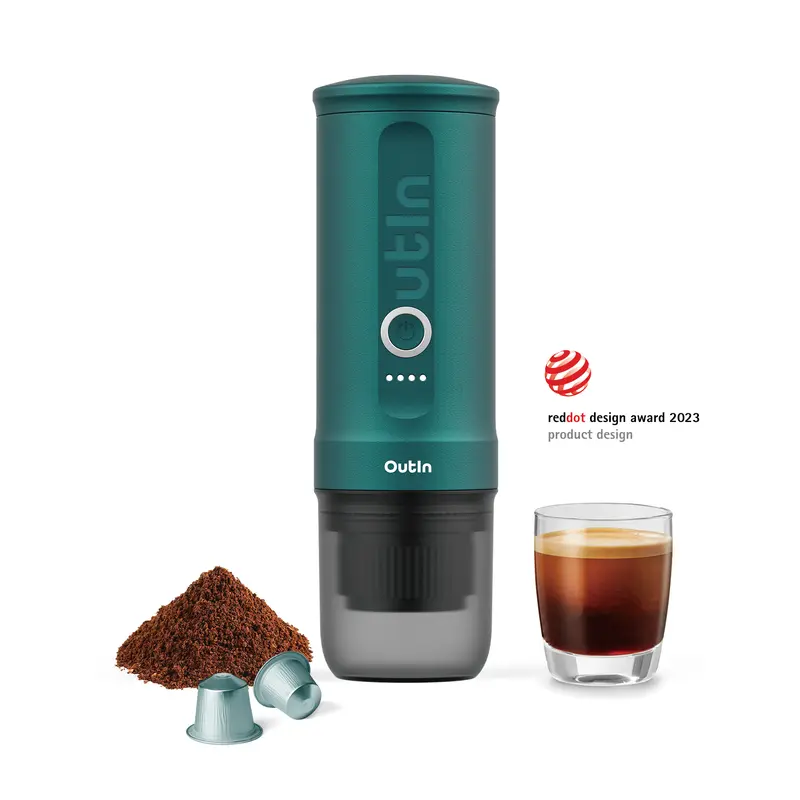 Outin Nano Portable Lightweight Coffee Maker Machine (Outin Teal) - Self-Heating 12V/24V Car Power, 20 Bar Mini Brewer, 12V, 7500mAh, 92°C in <200s, NS Capsule Ready for Hiking, RV Use, Compatible with Ground Coffee