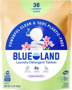 BLUELAND Laundry Detergent Tablets, 36 Count, Spring Bloom Scent, Plastic-Free Eco-Friendly Pods, Sheets, Liquid Alternative - Safe for Sensitive Skin, Gentle