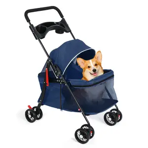 Pet Stroller 4 Wheels for Cats & Dogs, Travel Puppy/Cat Stroller, Foldable Portable Dog Cat Jogger Strollers with Cup Holder, Breathable and Visible Mesh for up to 22lbs Dogs and Cats