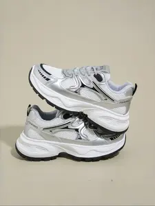 Women's Dad Shoes Arisan Running Sneakers, Mesh Leather Patchwork Colorblock Silver Round Toe Lace-Up Anti-Slip Outdoor Sports Casual Shoes