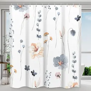 Waterproof Shower Curtain Set with Hooks - Watercolor Blue Beige Floral Plant Shower Curtains for Bathroom, 72 x 72
